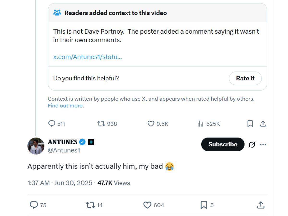 X user rectifies claim concerning Dave Portnoy's viral video (Image via X/ @Antunes1)